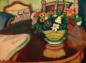 Naturaleza muerta con cojín de ciervo y ramo de August Macke